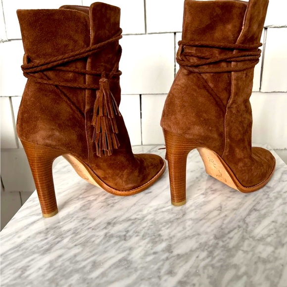 joie suede booties Boots Heels 38 8 Brown Tan Chestnut Tie Tassel - Picture 6 of 8